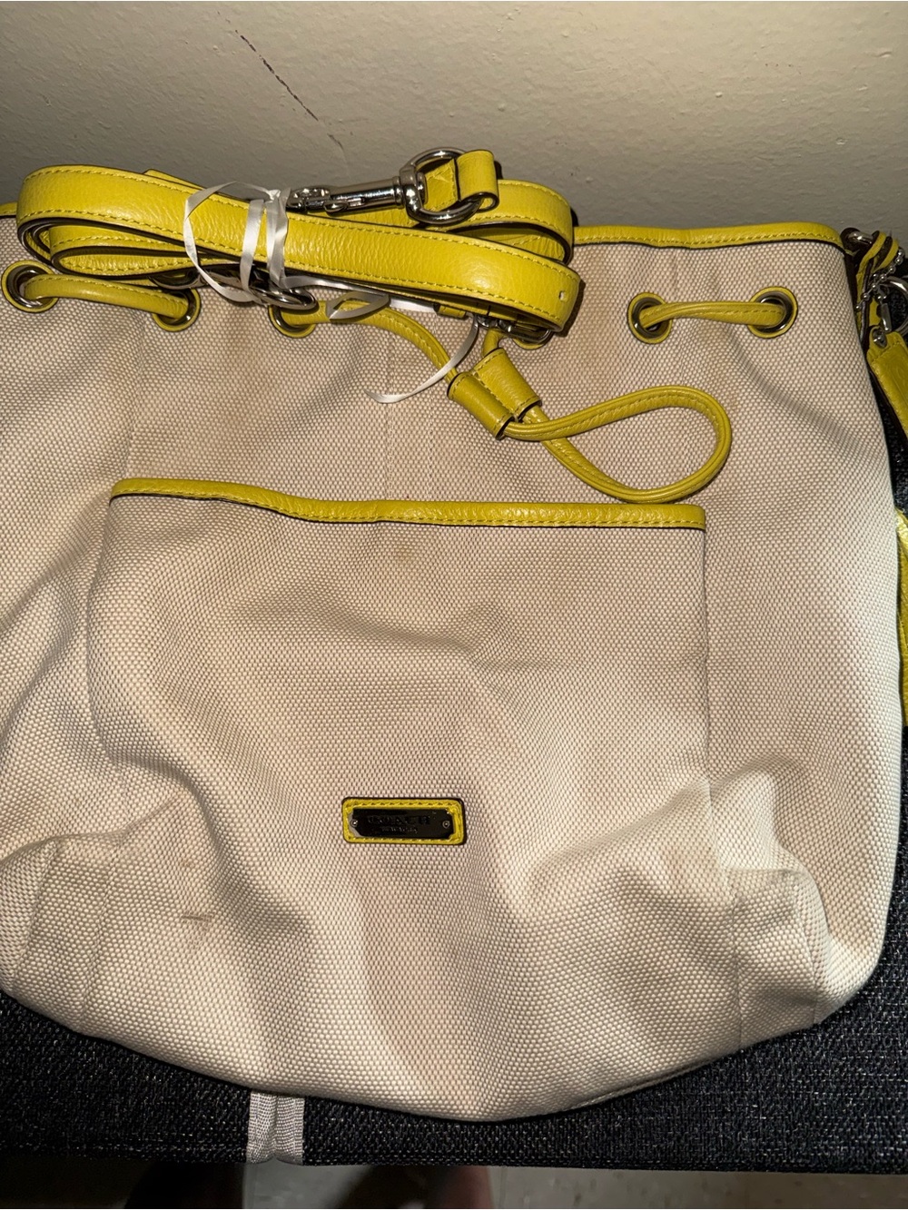 Coach Women’s Neutral Canvas Bucket Bag with Yellow Trim